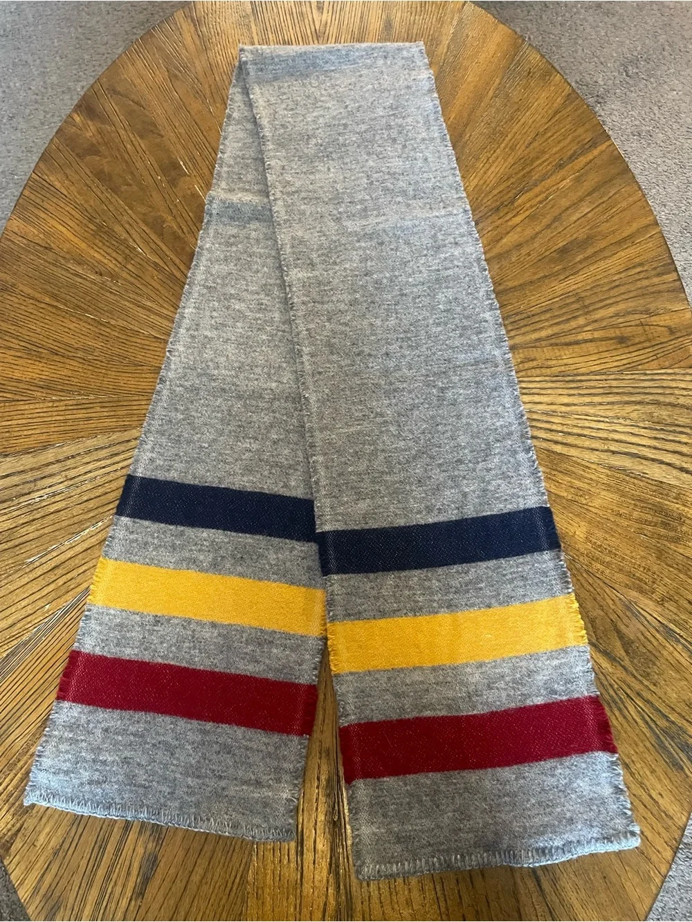 Men's Faribault Woolen Mill Co. Gray Wool Scarf with Navy, Yellow & Red Stripes